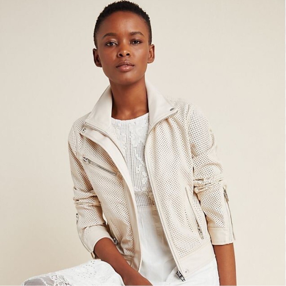 (A4) Blank NYC Perforated Vegan Leather Moto Jacket Bone‎ Cream Off White Small